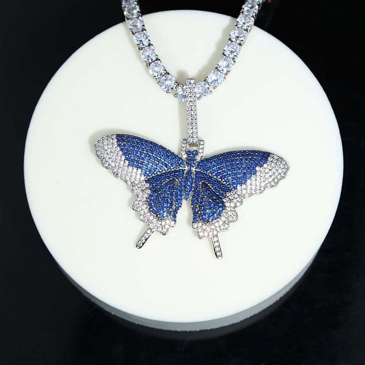 Iced Out Bling Colorful Zircon Butterfly Pendant Necklace