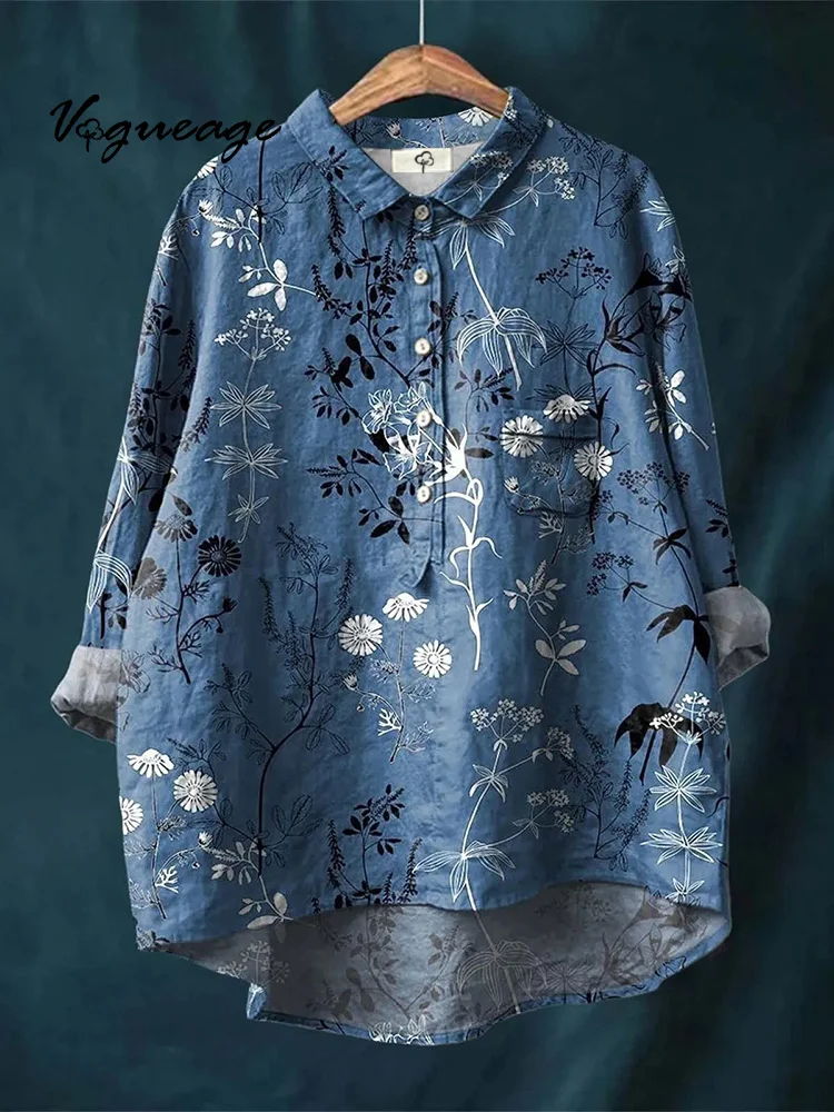 Simple And Casual Lines Plants And Flowers Print Cotton And Linen Shirt