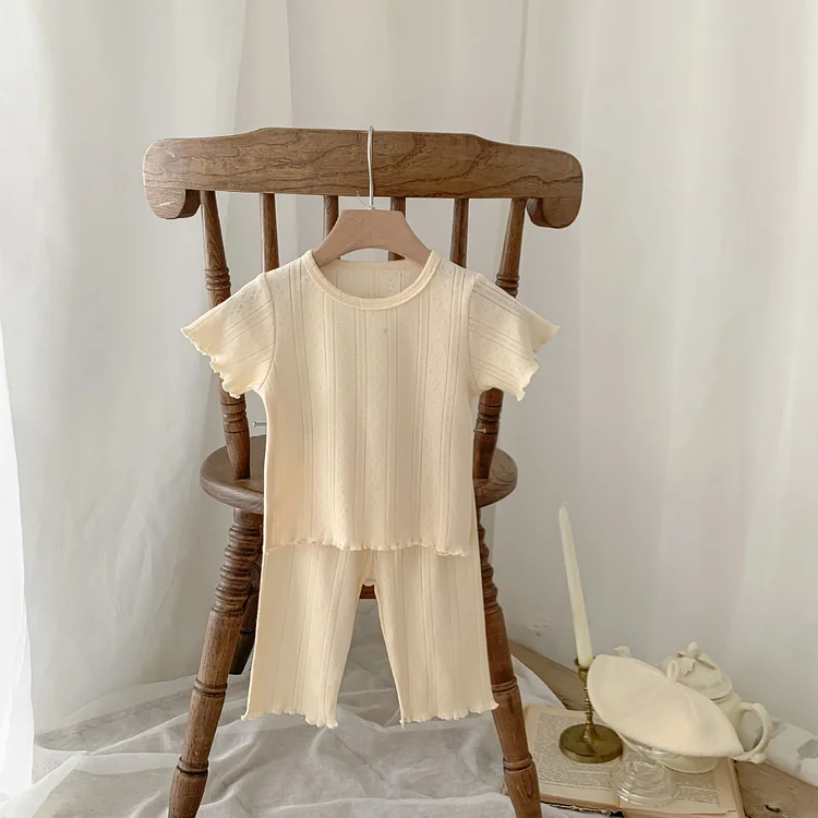 2pcs Baby Toddler Girl Solid Color Hollow Short Sleeve T-shirt and Pants Set