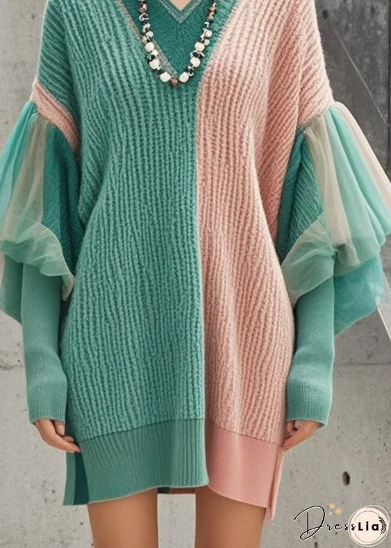 Style Colorblock Oversized Patchwork Side Open Tulle Sweater Dress Fall