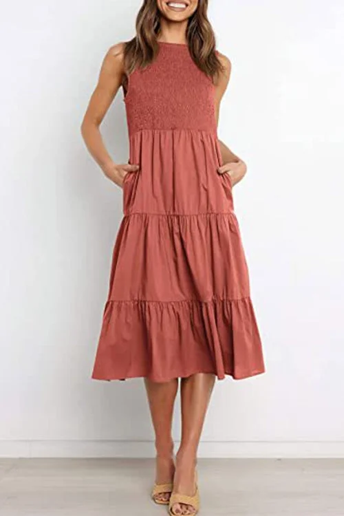 Solid Sleeveless High Waist Ruffle Dress with Pockets
