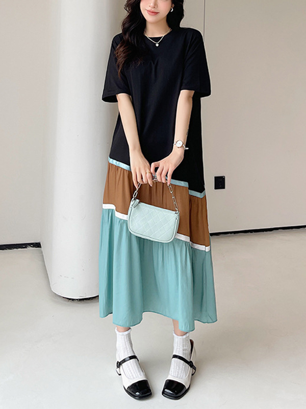 Colorblock Tiered Hem Short Sleeve Cotton Midi Dress