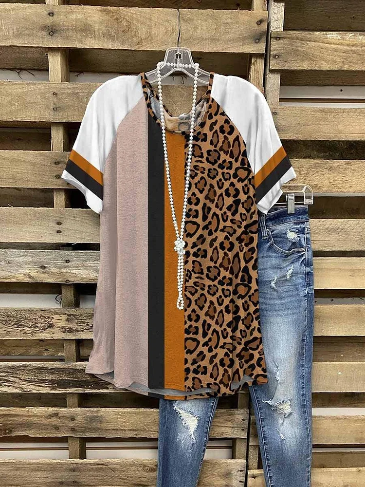 Women's Leopard Cotton Casual Crew Neck Shirt & Top