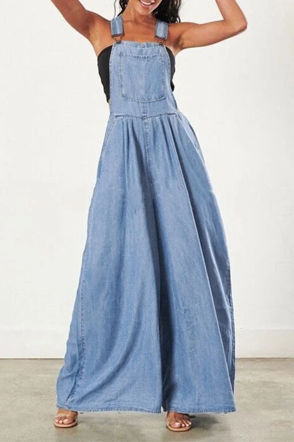 Solid Color Suspenders Relaxed Wide Leg Jumpsuit