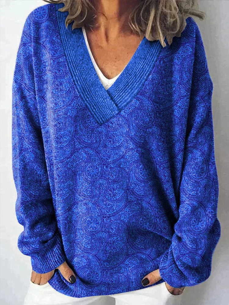Ethnical Style Blue Paisley Pattern Printed Knit V-Neck Pullover Sweater