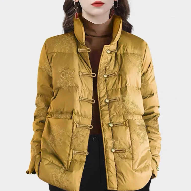 Uveng Autumn Winter New Retro Embroidery Embroidery Knit Down Jacket Female Short Money Light Standing Collar Chinese Dish Buckle Coat