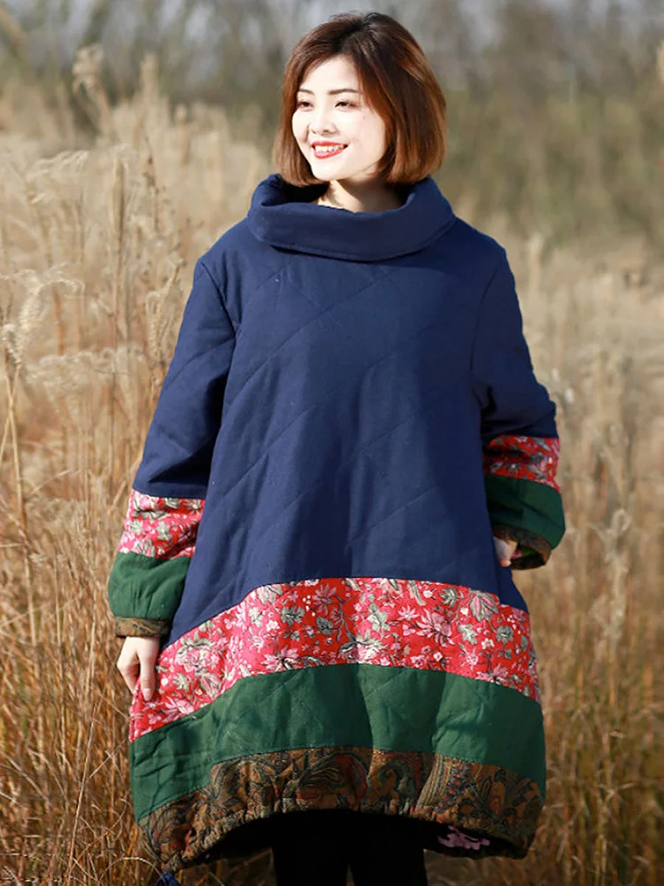 Women Winter Ethnic Patchwork Pocket Pullover Loose Coat