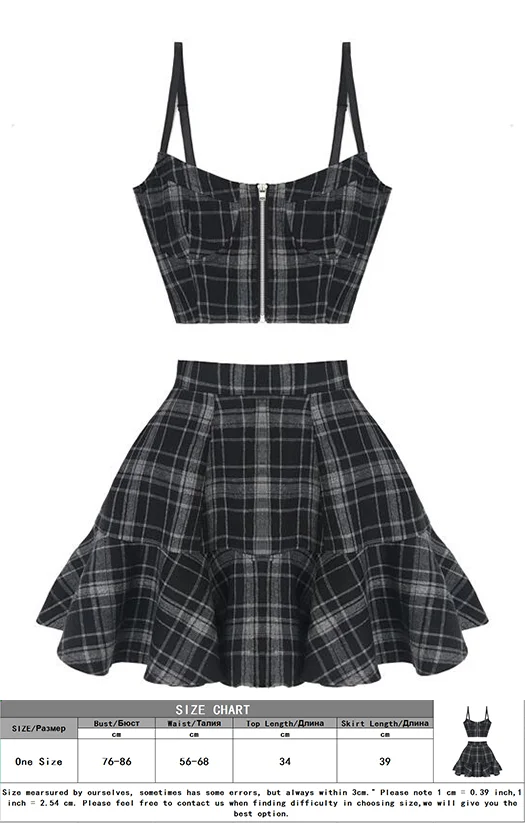 Jangj Kawaii Y2k Sets Gothic Plaid Chiffon Slash Crop Tops+High Waist Mini Aline Skirt Kpop E Girls 2PCS Female Korean Two Piece Set