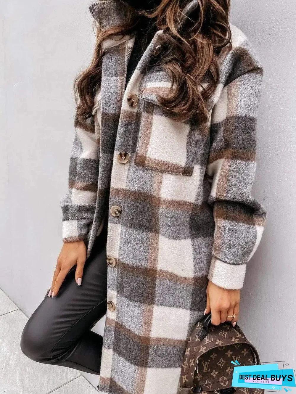 Women's Long-sleeved Plaid Print Mid-length Shirt Jacket