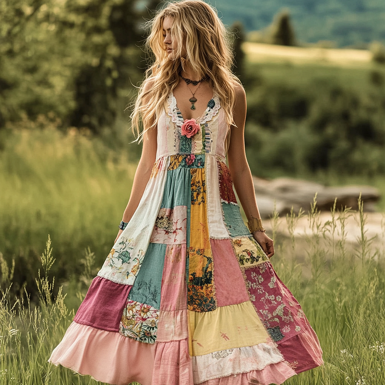 Women's Vintage Bohemian Floral Comfortable V Neck Dress