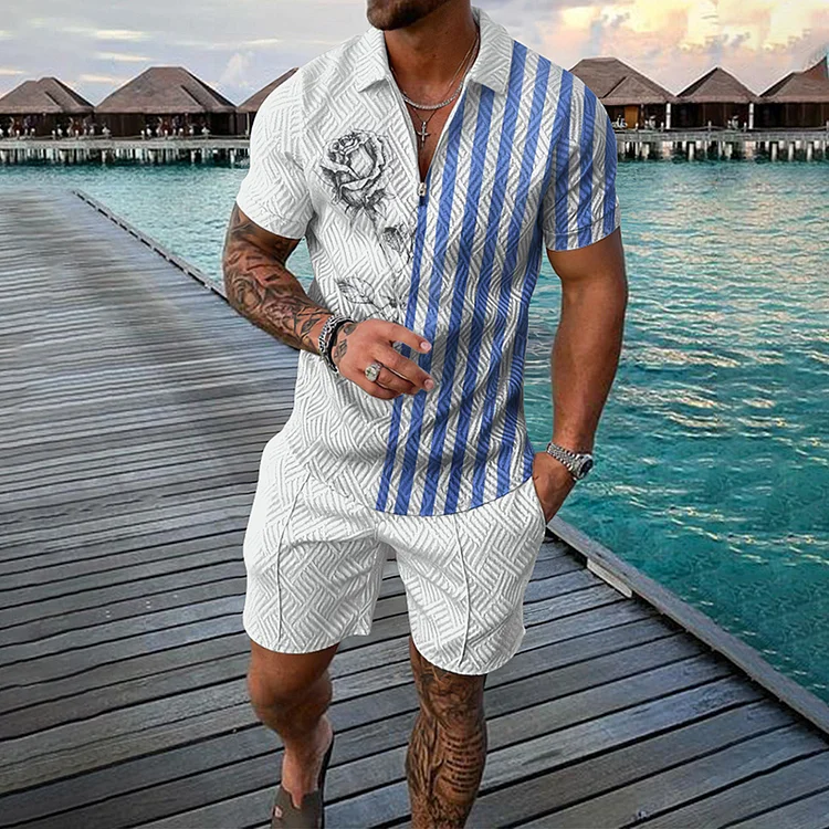 BrosWear Rose Stripe Patchwork Short Sleeve Polo Shirt And Shorts Co-Ord