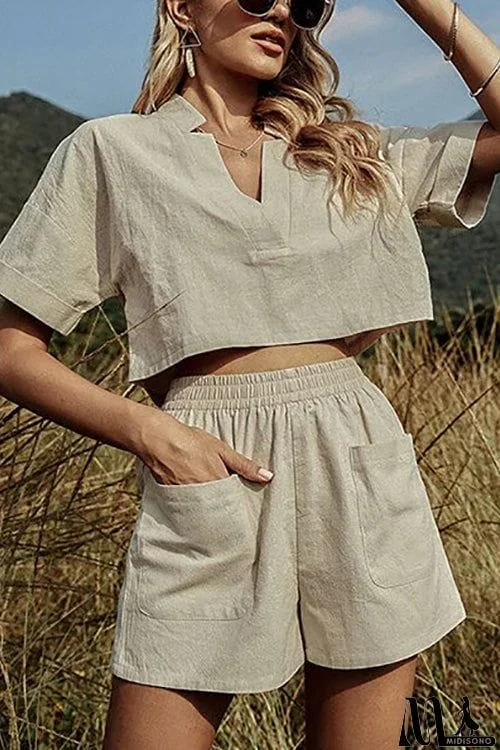 MidiSono - V Neck Crop Blouse Pockets Shorts Set