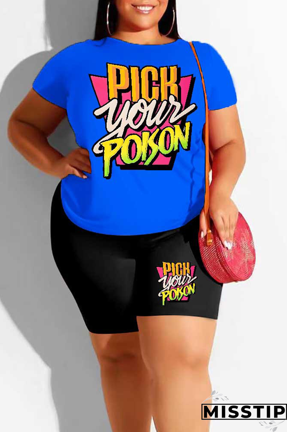 Blue Casual Print Patchwork O Neck Plus Size Two Pieces