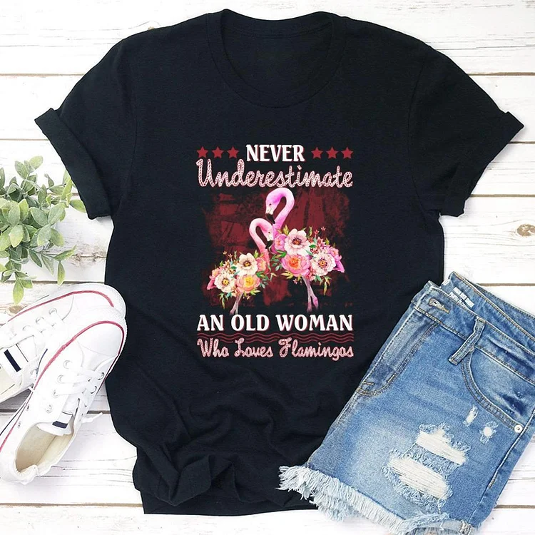 Flamingo Never Underestimate Old Woman Premium Fit Ladies T-Shirt Tee --Annaletters