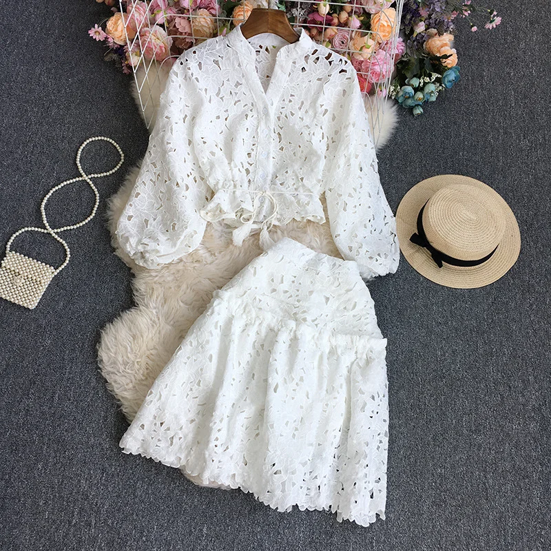 Ueong Pure Lace Long Sleeves + Half Skirt Suit
