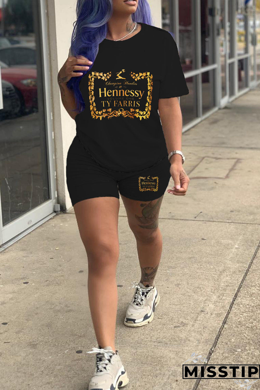 Black Gold Casual Print Patchwork O Neck Short Sleeve Two Pieces