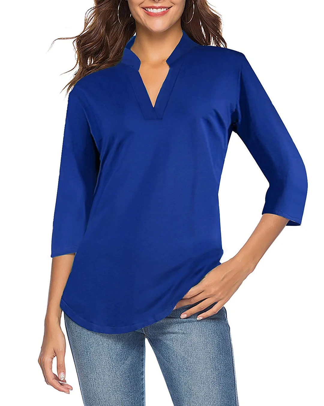 Women's 3/4 Sleeve V Neck Tops Casual Tunic Blouse Loose Shirt