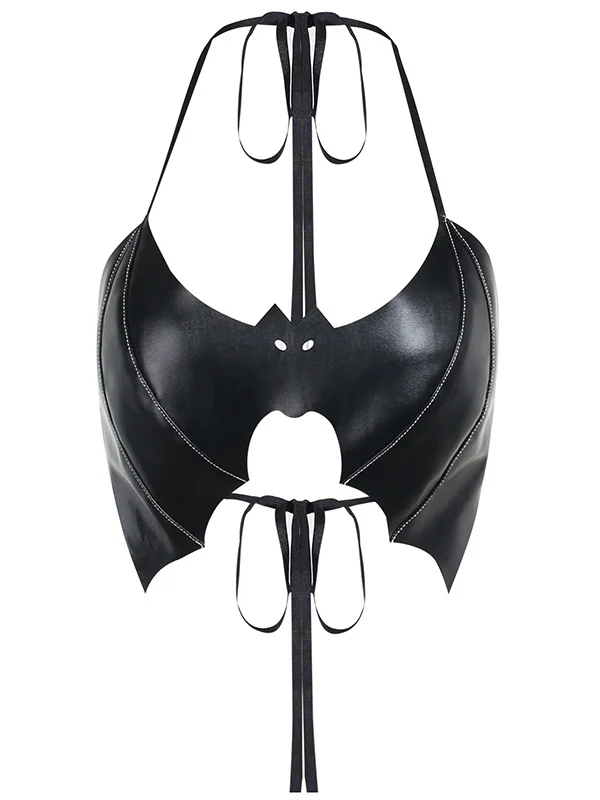 Gothic Bat Silhouette Halter Lace Up PU Crop Top