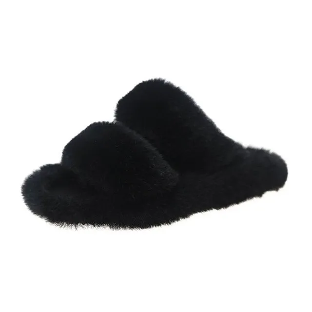 Indoor Women Fur Slippers Fluffy Soft Furry Slides Thick Flats Heel Non Slip House Shoes Ladies Luxury Design Footwear Whosale