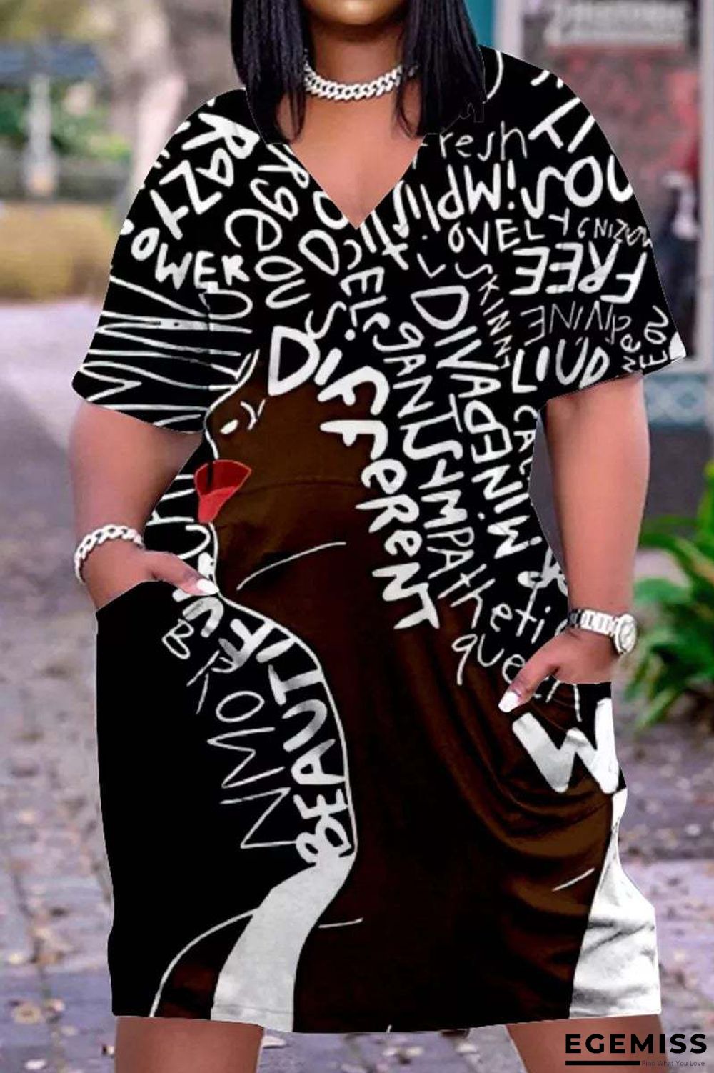 3D Printed Outdoor Fashion Casual Loose Plus Size Women's V-neck Sleeve Dress White Dresses | EGEMISS