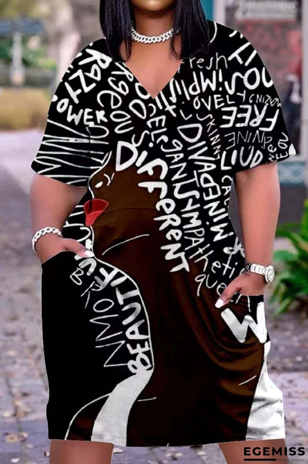 3D Printed Outdoor Fashion Casual Loose Plus Size Women's V-neck Sleeve Dress White Dresses | EGEMISS