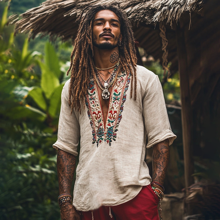 Men's Bohemian Holiday Style Linen Printed Casual Long Sleeve Tops