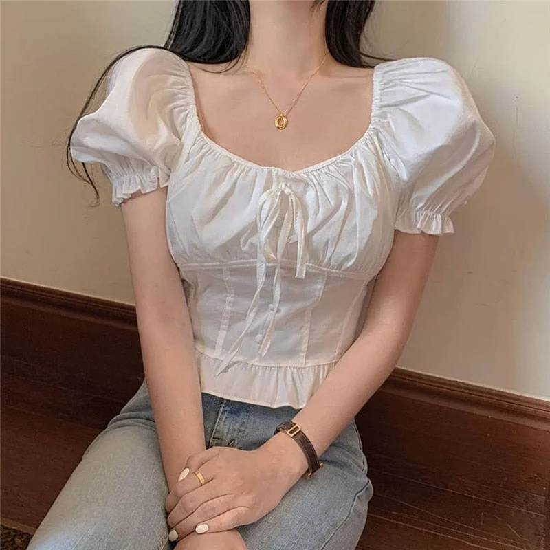 Rapcopter Vintage Crop Top Sweet Tie up Tshirt Korean Square Collar Corset Top Summer Puff Sleeve Tee Top Women Streetwear 90s