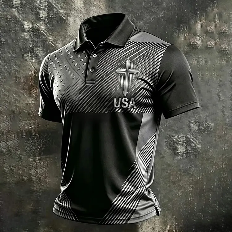 Men's Retro The Cross Faith Christian Cross Printed Polo Shirt