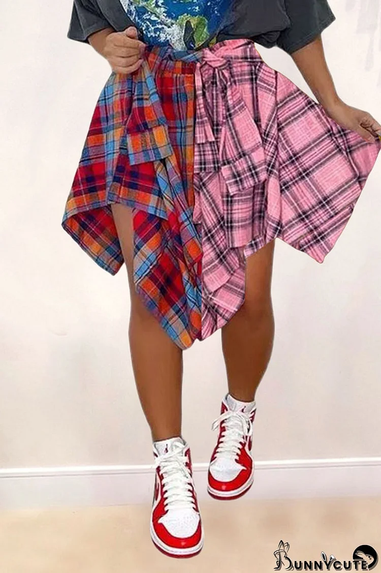 Pink Casual Street Plaid Print Patchwork Asymmetrical High Waist Type A Full Print Bottoms