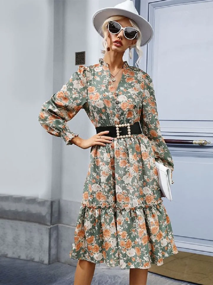 Floral Skirt Slim Ruffled Dress | EGEMISS