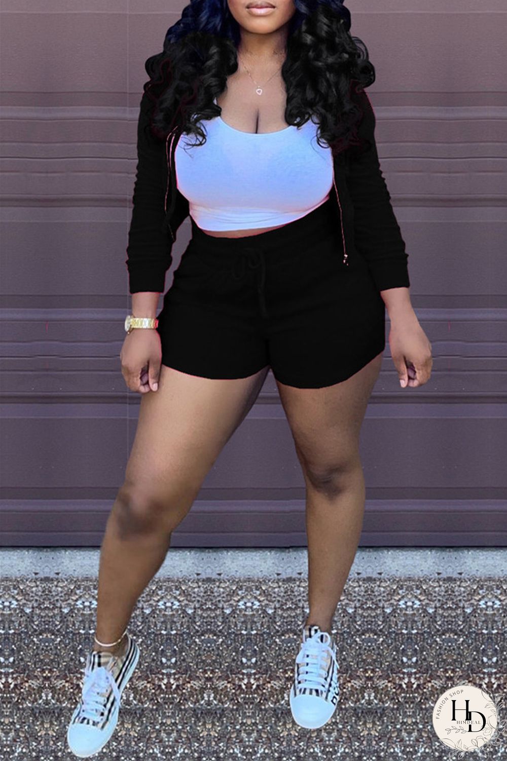 Black Fashion Casual Solid Cardigan Hooded Collar Long Sleeve Two Pieces (Without Vest)