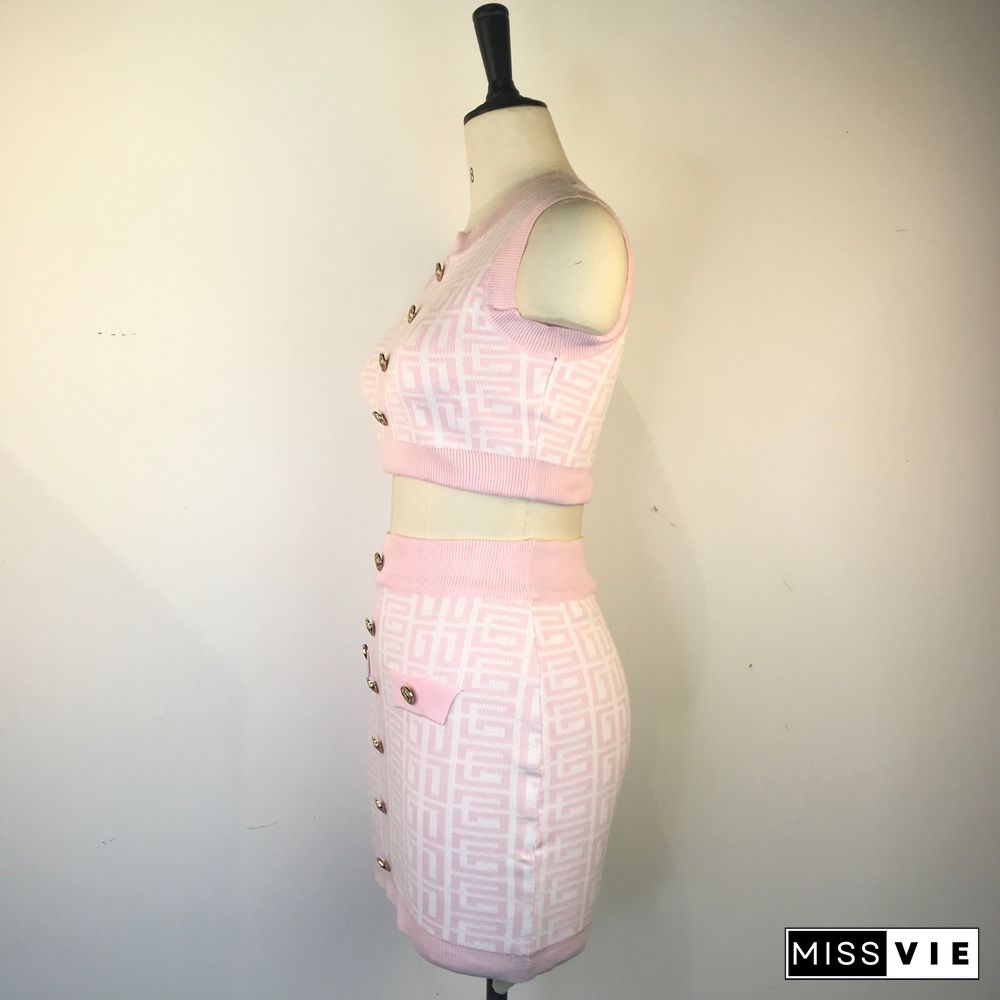 Geometric Knitted Vest Crop Tops Two Piece Skirt Sets