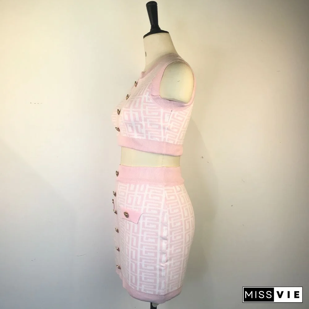 Geometric Knitted Vest Crop Tops Two Piece Skirt Sets