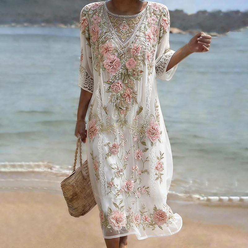 Women's Pink Flower Embroidery Art Midi Dress wearshes