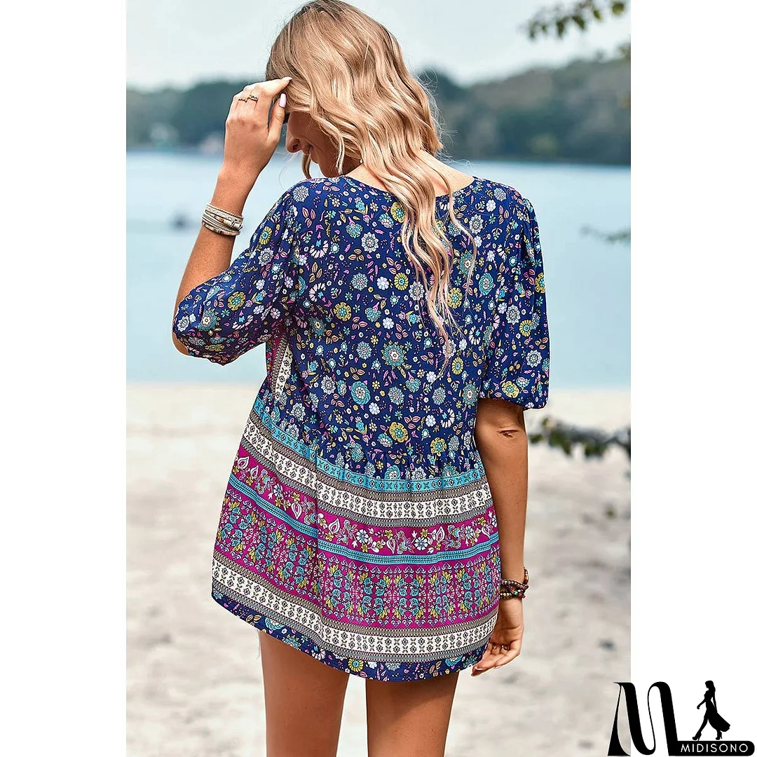 MidiSono - Floral Print Button Deep V Color Block Loose Fit Top