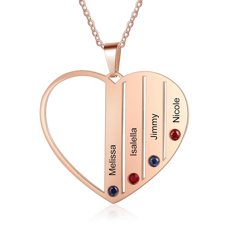 Personalized Heart Pendat Necklace with 4 Birthstone Engraved 4 Names Family Necklace in Rose Gold