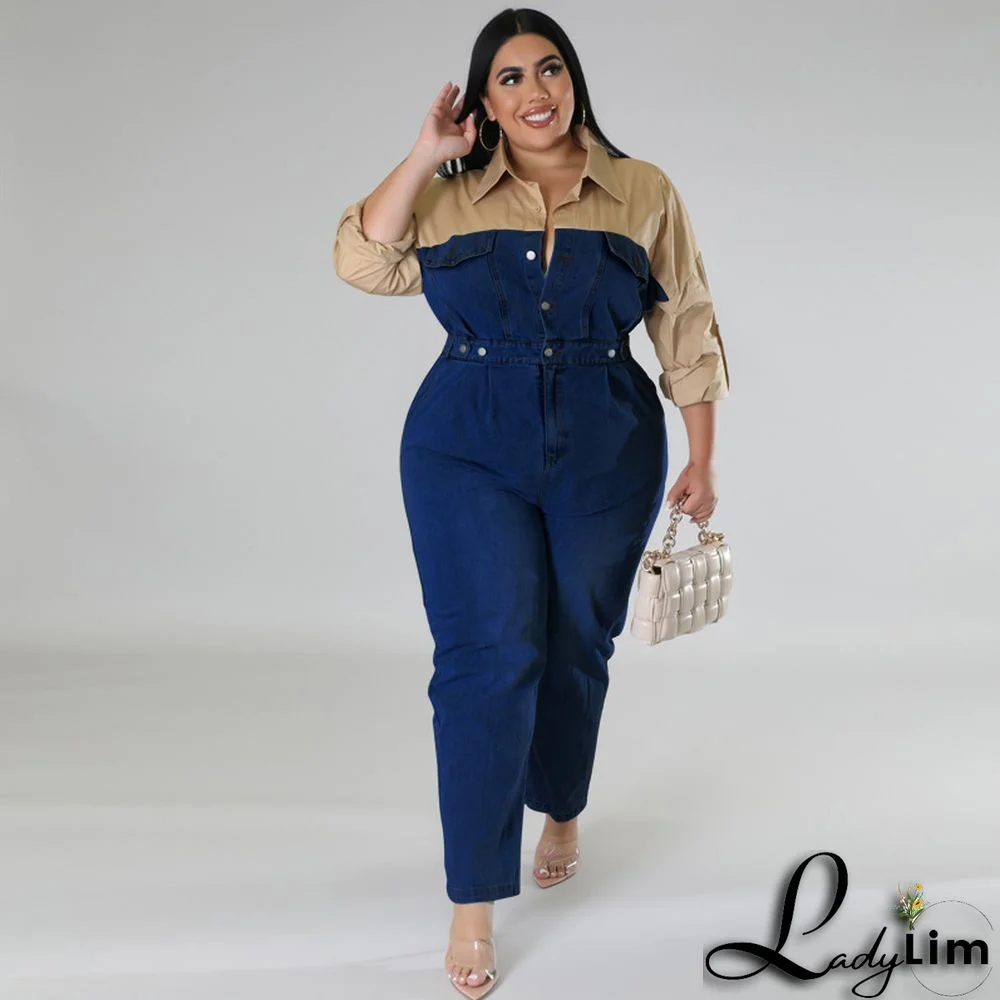 Plus Size Women's Denim Contrast Jumpsuit