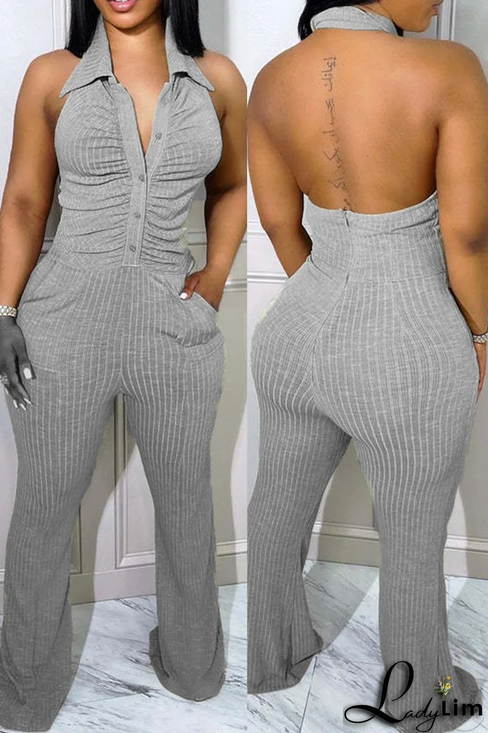 Light Gray Sexy Casual Solid Backless Fold Turndown Collar Skinny Jumpsuits