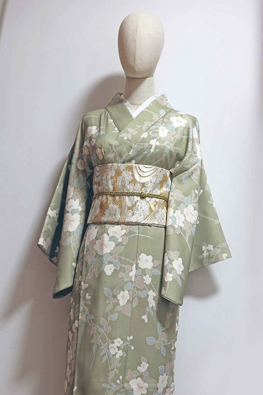 Japanese Yukata Forest Style Green with White Blossoms Sakura Matsuri さくら祭 Kimono- さくら祭 Stupa Stones