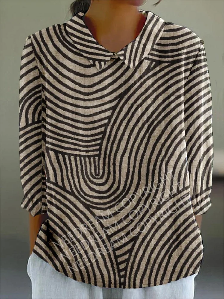Womens Line Art Pattern Casual Cotton And Linen Top