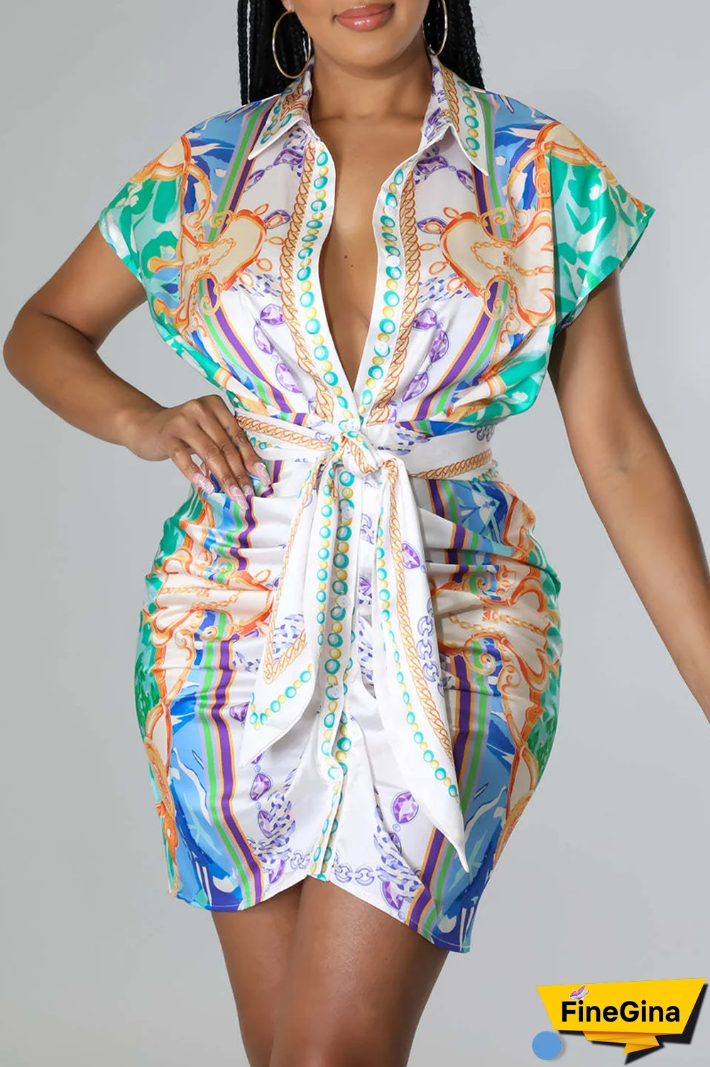 Pink Casual Print Patchwork Turndown Collar Shirt Dress Dresses