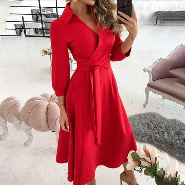 Elegant Print Printing Turndown Collar A Line Dresses