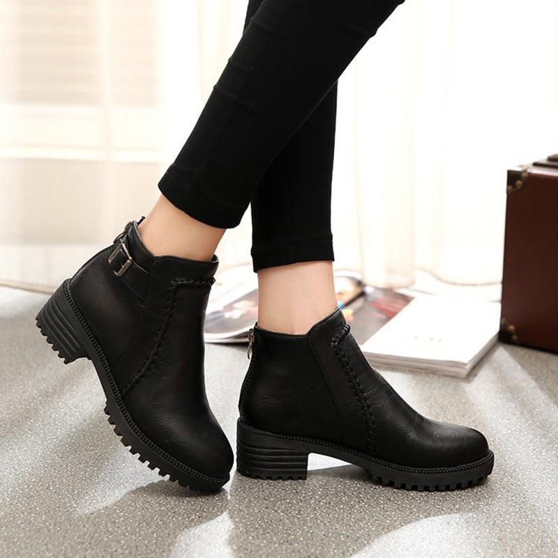 Chunky platform ankle boots buckle strap back zipper short boots