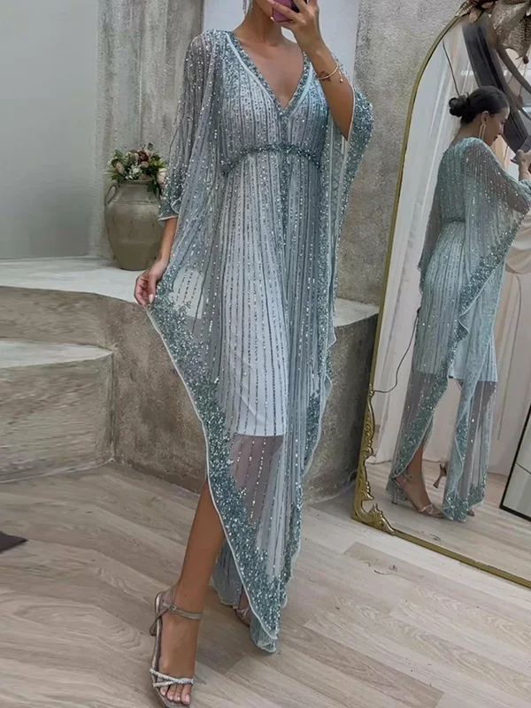 Plain See-Through Long Sleeves Loose V-neck Maxi Dresses