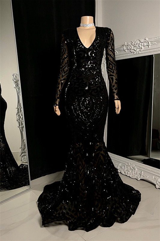 Luluslly V-Neck Black Mermaid Prom Dresses Long Sleeves With Sequins Beadings