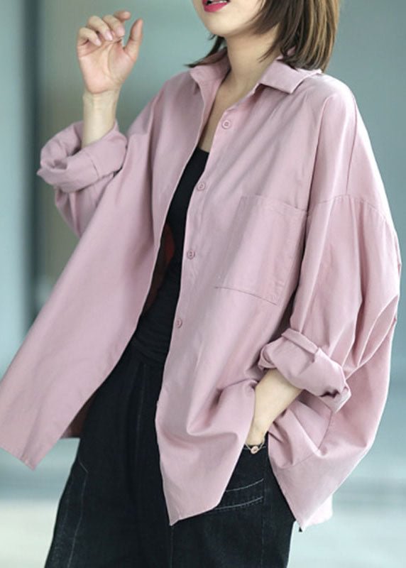 Chic Pink PeterPan Collar Button Pockets Fall Shirt Long sleeve CK927- Fabulory
