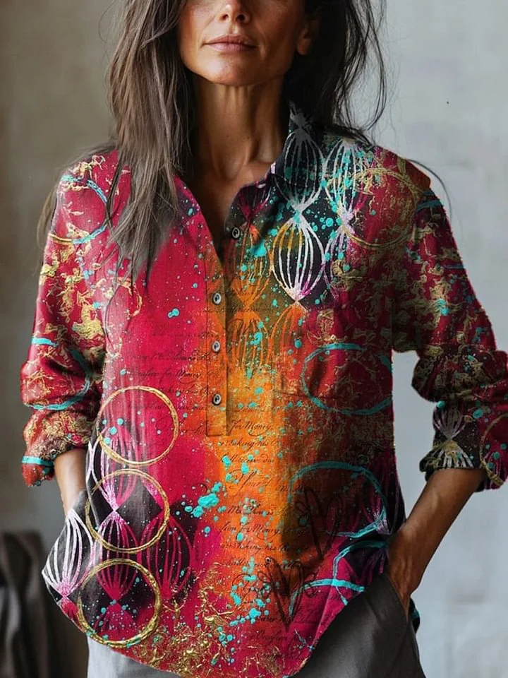 Abstract Oil Painting Art Printed Women's Casual Cotton And Linen Shirt