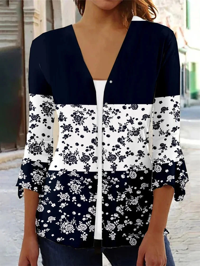 Women 3/4 Sleeve Scoop Neck Floral Printed Two-Pieced Tops