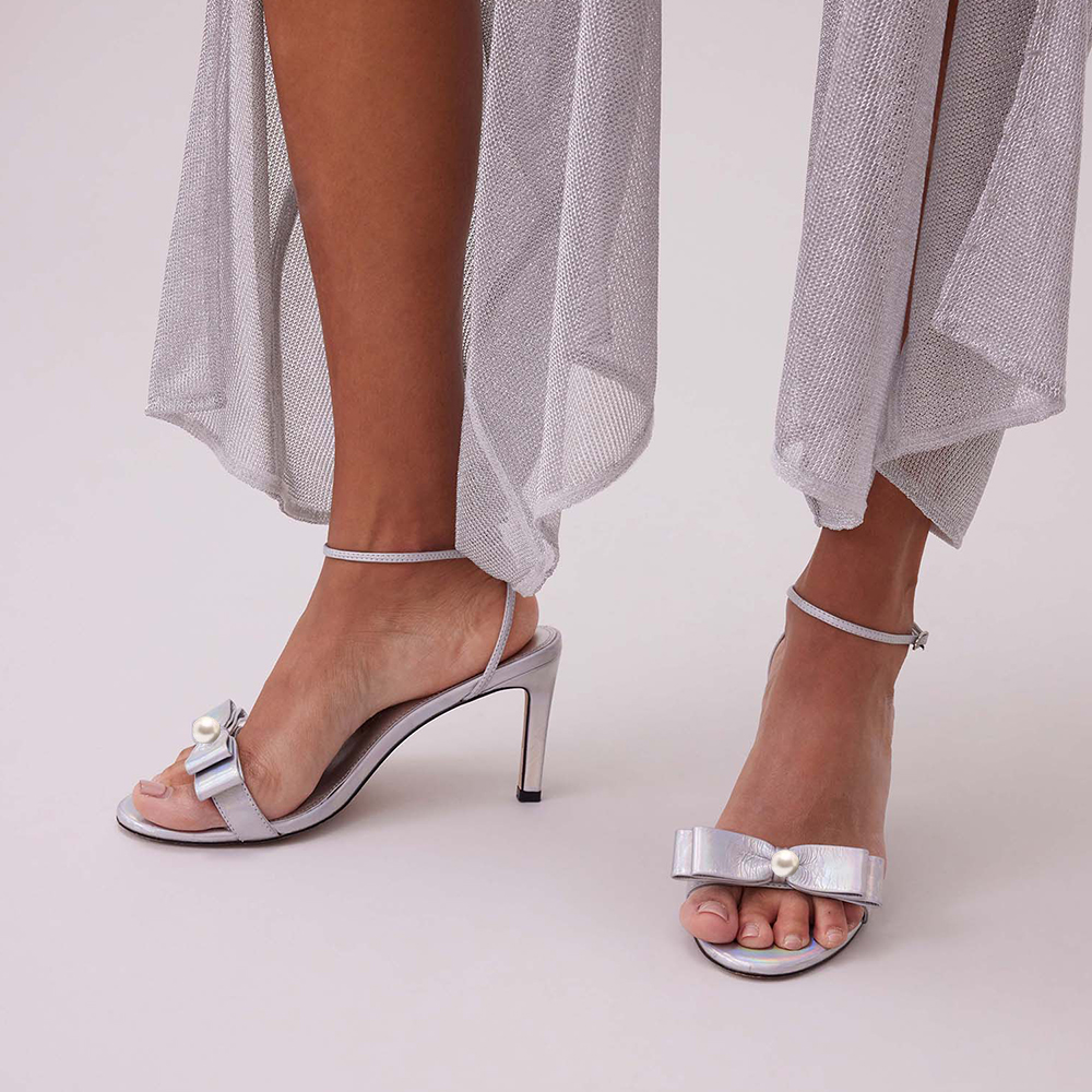 Silver Open Toe Stiletto Heel Pearl Ankle Strap Sandals with Bow Nicepairs