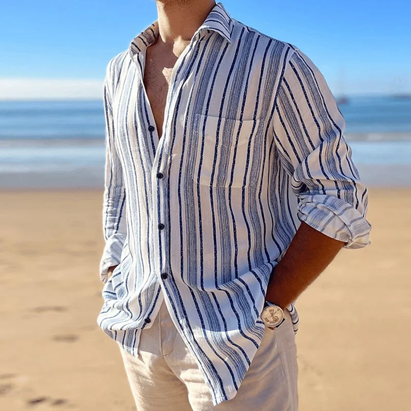 Casual Striped Printed Lapel Cotton Linen Long-Sleeved Shirt